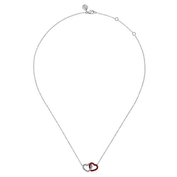925 Sterling Silver Bujukan Double Heart Pendant Necklace with Chrome Red Enamel