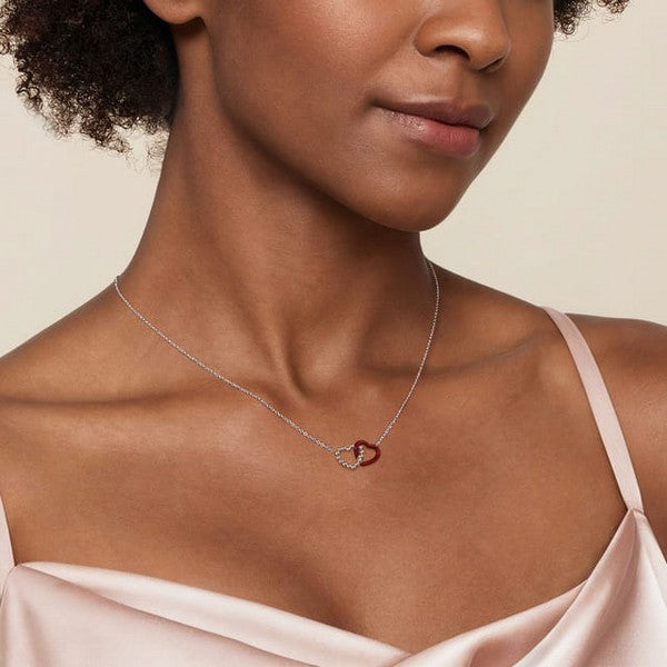 925 Sterling Silver Bujukan Double Heart Pendant Necklace with Chrome Red Enamel