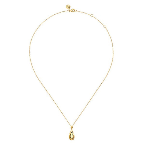 14K Yellow Plain Gold Bujukan and Teardrop Texture Pendant Necklace