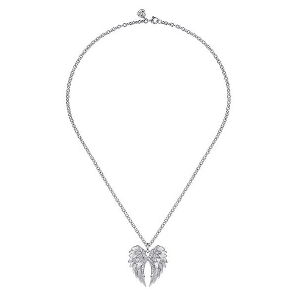 925 Sterling Silver White Sapphire Angel Wing Pendant Necklace
