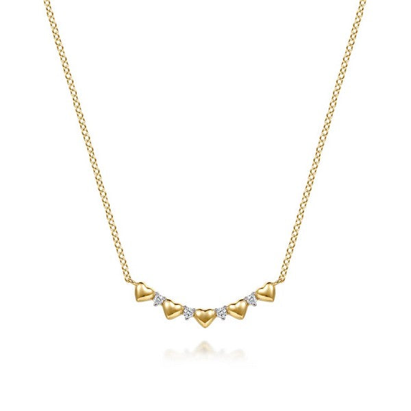 14K Yellow Gold Diamond and Heart Bar Necklace