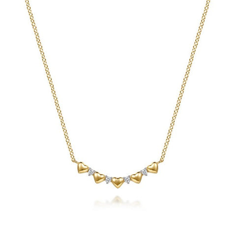 14K Yellow Gold Diamond and Heart Bar Necklace
