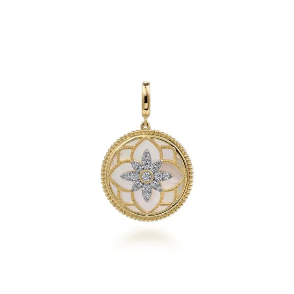 14K Yellow Gold Bujukan Diamond and Mother of Pearl Medallion Pendant
