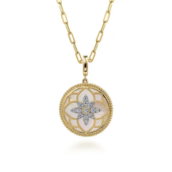 14K Yellow Gold Bujukan Diamond and Mother of Pearl Medallion Pendant