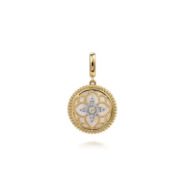 14K Yellow Gold Bujukan 0.09ct Diamond and Mother of Pearl 2.05 ctMedallion Pendant