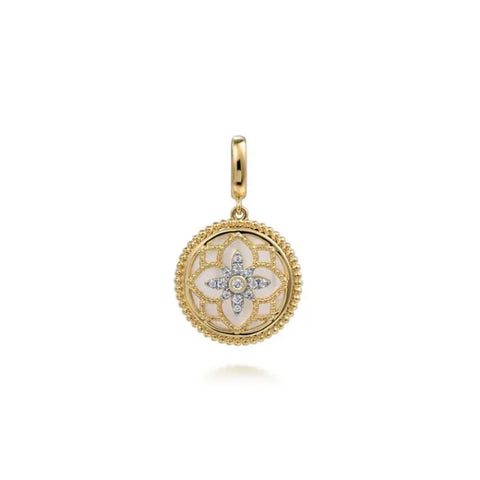 14K Yellow Gold Bujukan 0.09ct Diamond and Mother of Pearl 2.05 ctMedallion Pendant