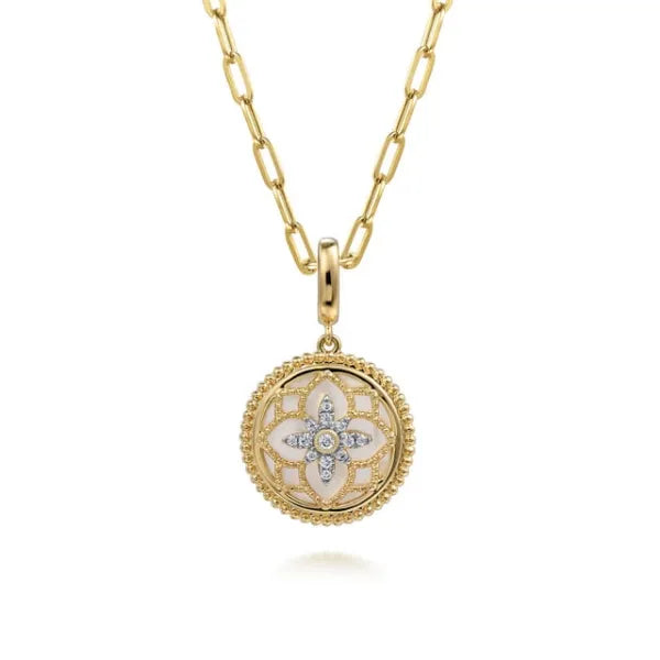 14K Yellow Gold Bujukan 0.09ct Diamond and Mother of Pearl 2.05 ctMedallion Pendant