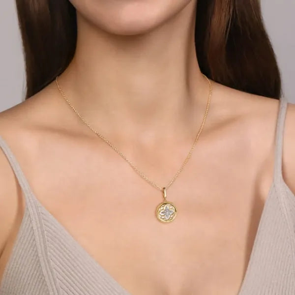 14K Yellow Gold Bujukan 0.09ct Diamond and Mother of Pearl 2.05 ctMedallion Pendant