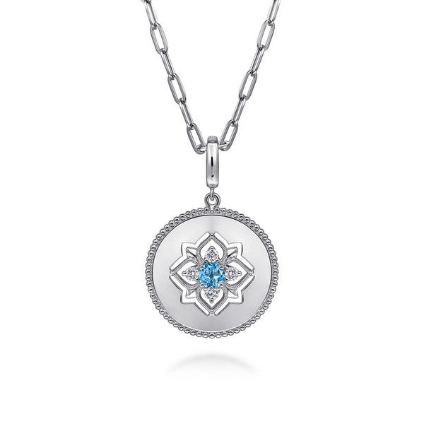 925 Sterling Silver Blue Topaz and White Sapphire Bujukan Medallion Pendant