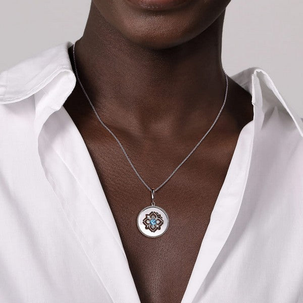 925 Sterling Silver Blue Topaz and White Sapphire Bujukan Medallion Pendant