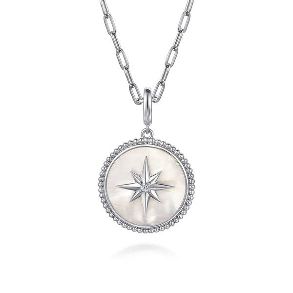 925 Sterling Silver Bujukan White Sapphire and Mother Of Pearl Round Starburst Medallion Pendant