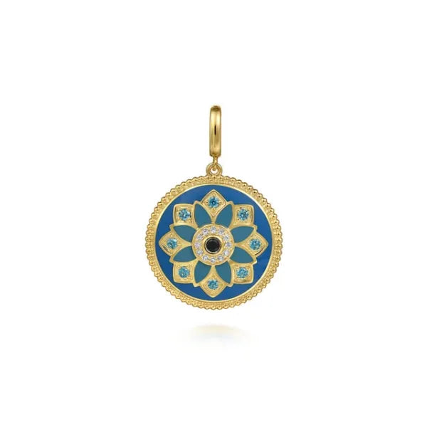 14K Yellow Gold 24mm Diamond, Blue Sapphire, and Blue Topaz Bujukan Multicolor Enamel Medallion Pendant