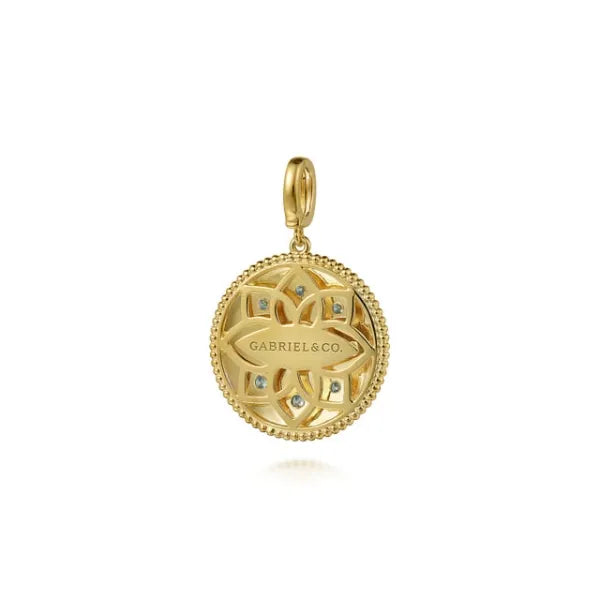 14K Yellow Gold 24mm Diamond, Blue Sapphire, and Blue Topaz Bujukan Multicolor Enamel Medallion Pendant
