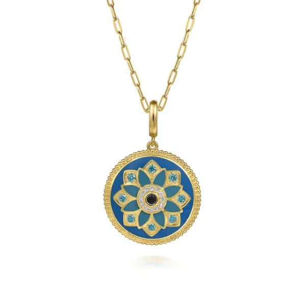 14K Yellow Gold 24mm Diamond, Blue Sapphire, and Blue Topaz Bujukan Multicolor Enamel Medallion Pendant