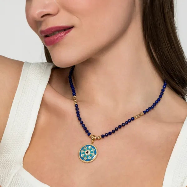14K Yellow Gold 24mm Diamond, Blue Sapphire, and Blue Topaz Bujukan Multicolor Enamel Medallion Pendant