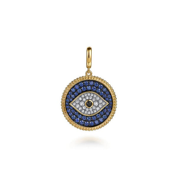14K Yellow Gold Bujukan Diamond and Multi Stones Evil Eye Medallion Pendant