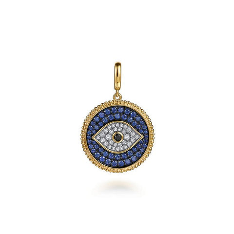 14K Yellow Gold Bujukan Diamond and Multi Stones Evil Eye Medallion Pendant