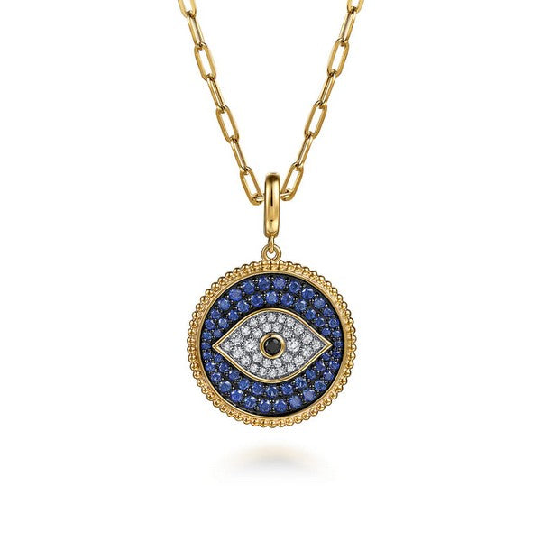 14K Yellow Gold Bujukan Diamond and Multi Stones Evil Eye Medallion Pendant