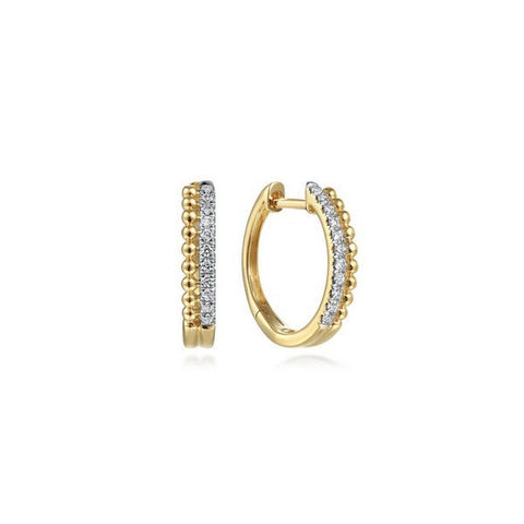 14K Yellow Gold Beaded Pave 10mm Diamond Huggie Earrings