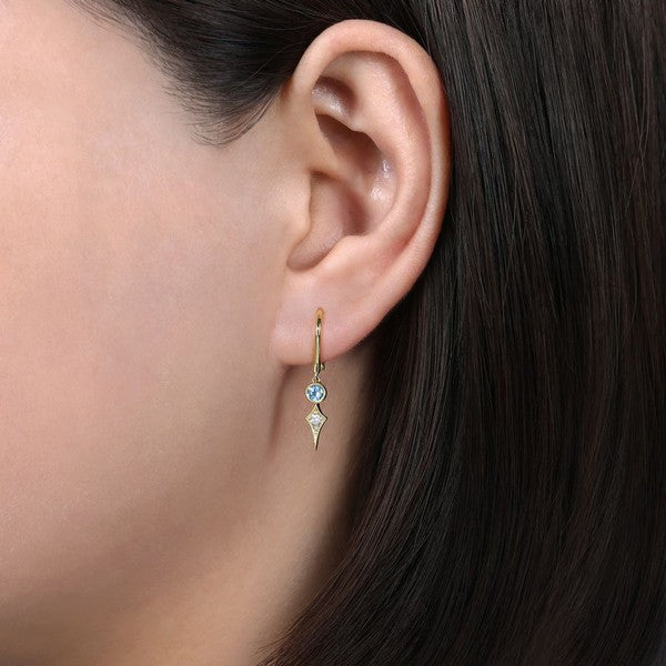 14K Yellow Gold Blue Topaz and Spiked Diamond Kite Drop Earrings