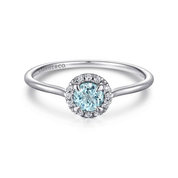 14K White Gold Aquamarine Diamond Halo Promise Ring