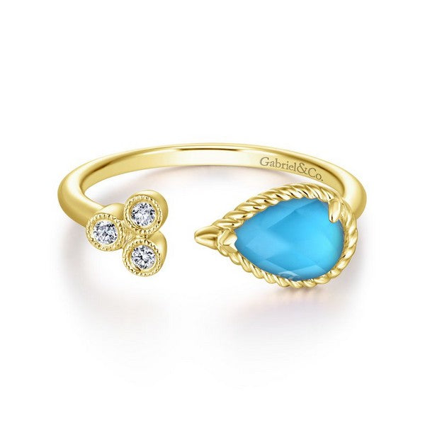 14K Rose Gold Pear Shaped Rock Crystal/Turquoise Split Ring