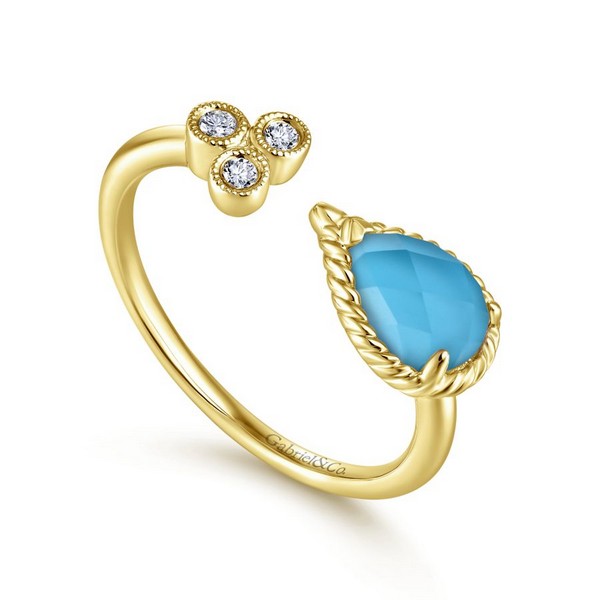 14K Rose Gold Pear Shaped Rock Crystal/Turquoise Split Ring