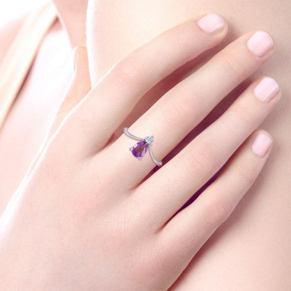 14K White Gold Teardrop Amethyst and Diamond Triangle Ring