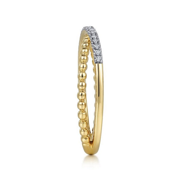 14K Yellow Gold Beaded Pave Diamond Criss Cross Ring