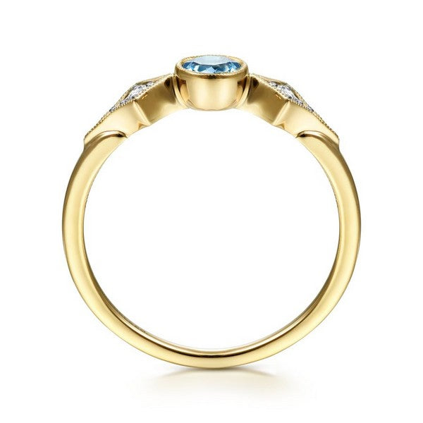 14K Yellow Gold Round Blue Topaz and Diamond Three Stone Ring