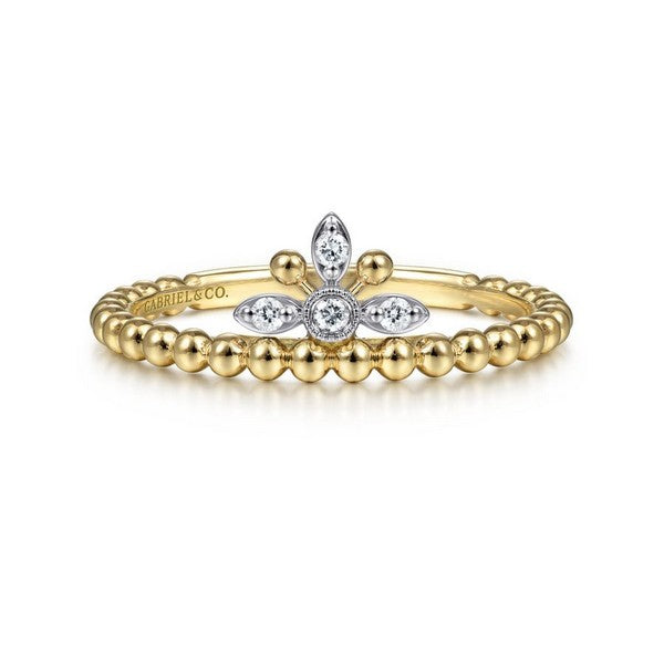 14K Yellow-White Gold Beaded Diamond Crown Ring