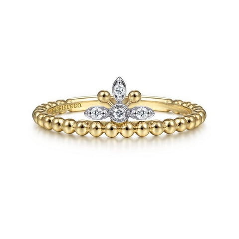 14K Yellow-White Gold Beaded Diamond Crown Ring