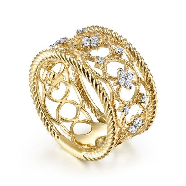 14K Yellow Gold Wide Open Work Diamond Ring with Twisted Rope