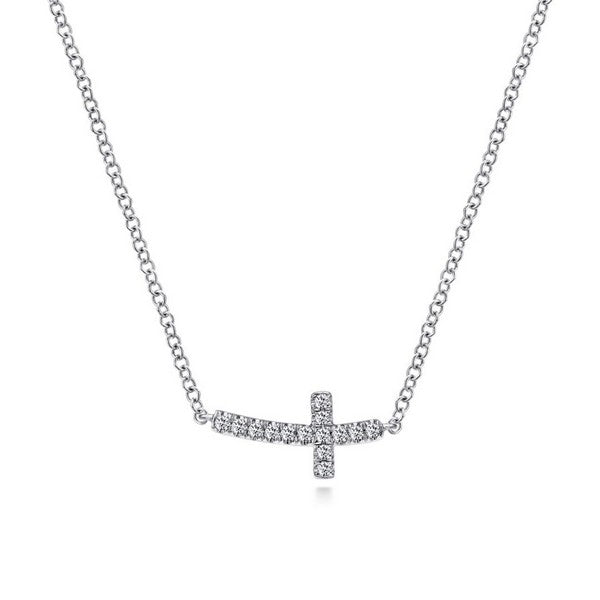 14K White Gold Sideways Curved Diamond Cross Necklace