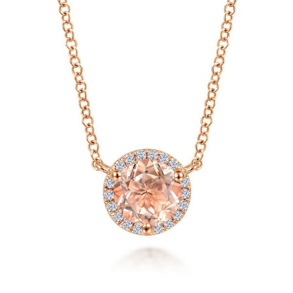 14K Rose Gold Round Morganite and Diamond Halo Pendant Necklace