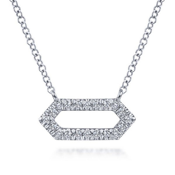 14K White Gold Elongated Hexagonal Diamond Pendant Necklace