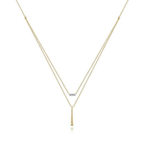 14K Yellow Gold Two Strand Diamond Bar and Bujukan Beaded Pendant Necklace