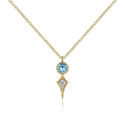 14K Yellow Gold Round Blue Topaz and Kite Diamond Pendant