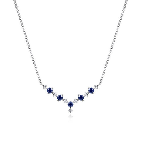 14K White Gold Diamond and Sapphire Curved Bar Necklace