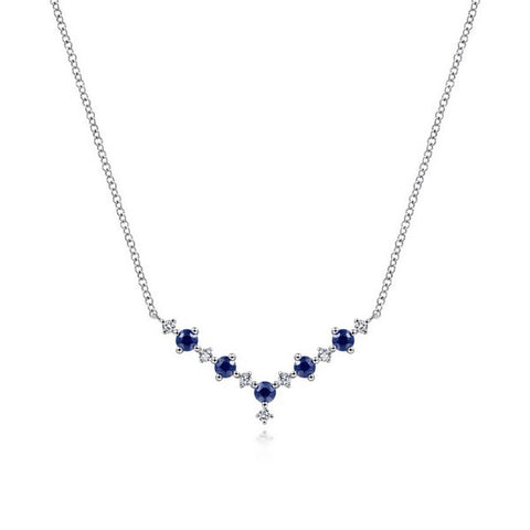 14K White Gold Diamond and Sapphire Curved Bar Necklace